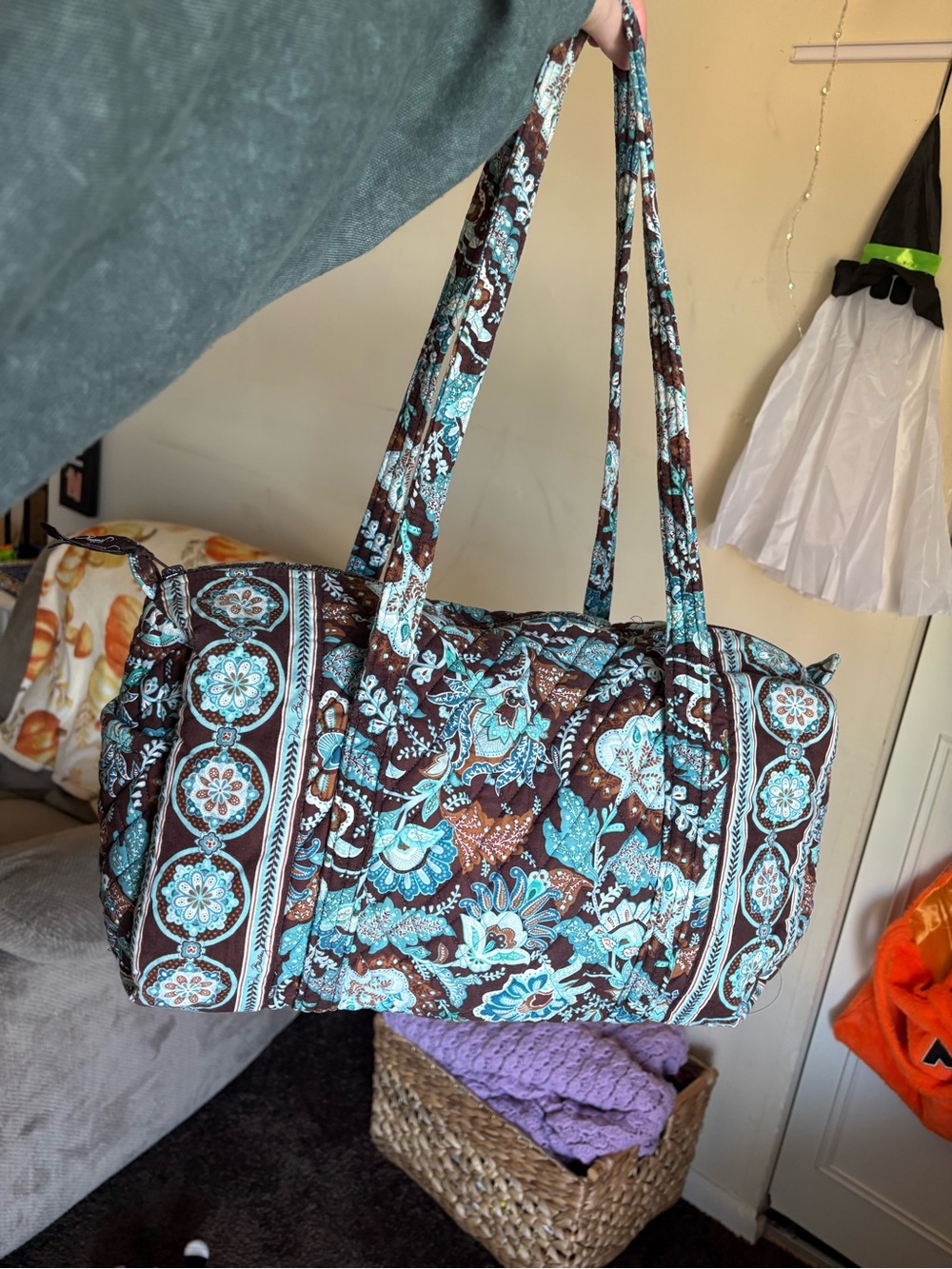 Vera Bradley Quilted Floral Travel Duffel in Brown and Aqua